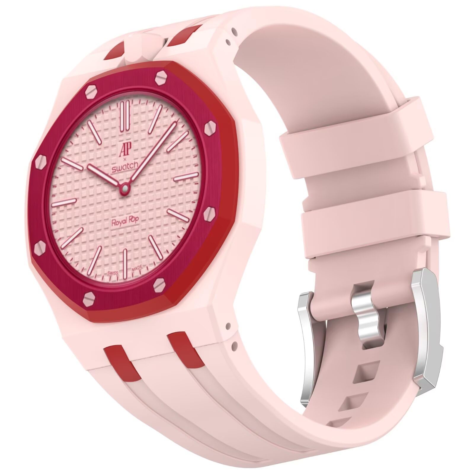 BoerHang Strap Compatible with Swatch Royal Pop, Crown for 12 o'clock Position, Integrated Strap with Protective case, Silicone Sports Fitness Watch Strap.(Pink, Red)