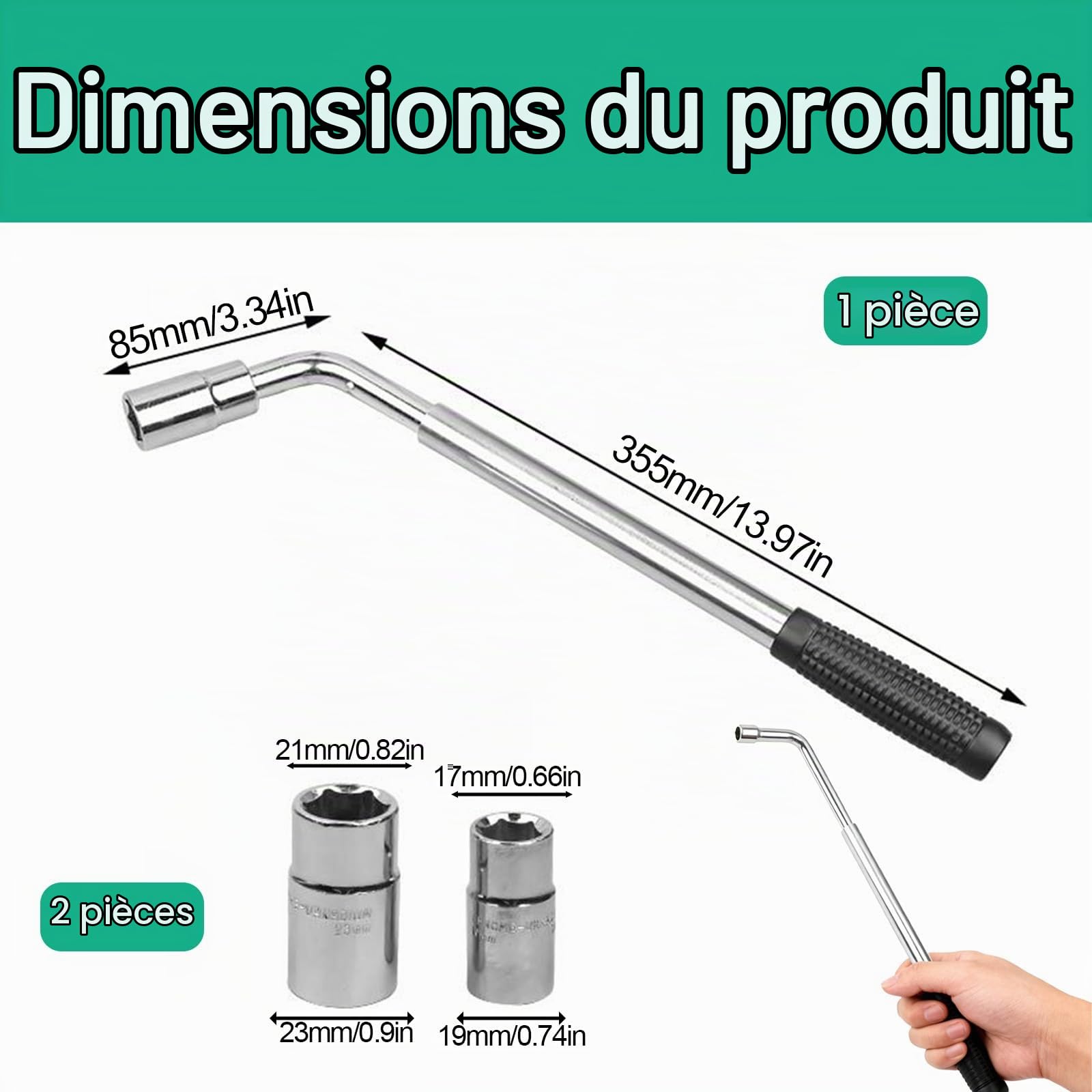 Clé Démonte Roue Télescopique, Clé Téléscopique pour Pneus Auto et Moto, Extracteur de Boulon Antivole, Longueur Réglable de 350 à 500 mm, Douilles Interchangeables 17/19 mm et 21/23 mm