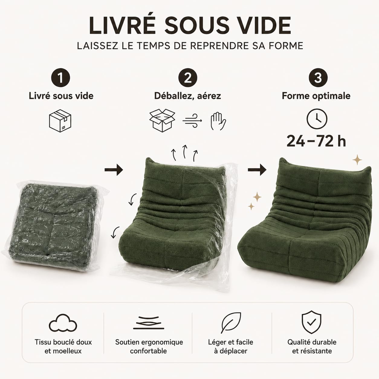 Pouf de sol, canapé Togo au design ergonomique, canapé relax avec revêtement en fausse fourrure et mémoire super moelleuse, pour chambre à coucher, salon (vert)