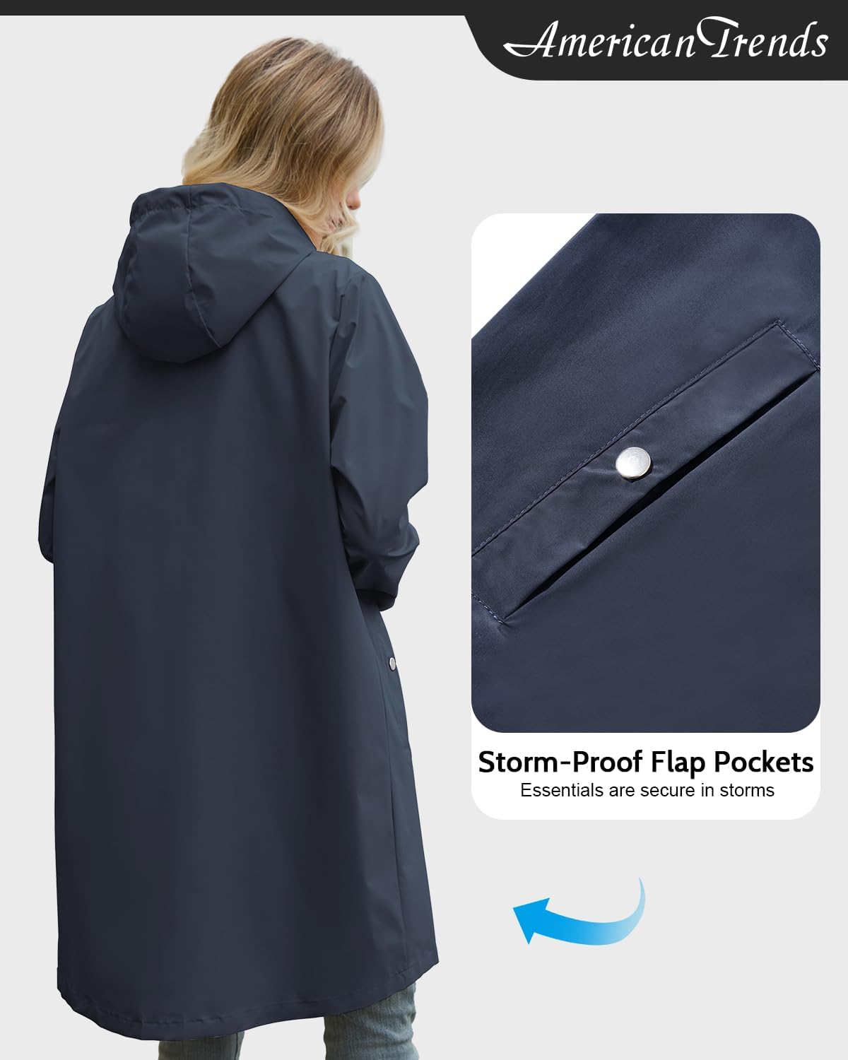 American Trends Packable Waterproof Rain Jacket Women with Hood Raincoat Windbreaker Long Hooded Trench Coats S-2XL Available - Image 4