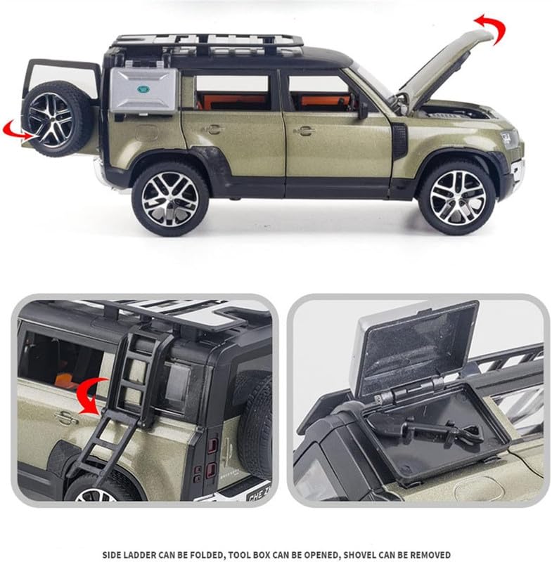 Image of PINQUE Kids New Car ‎1:24 Land Rover Defender Diecast Alloy Metal Pull Back Car with Openable Doors Music Sound and Light Vehicle Toy Car for Boys (Olive)