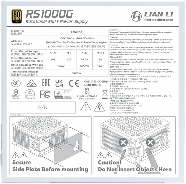 Lian Li RS Series Power Supply β 1,000 W White | 80 PLUS Gold Efficiency, ATX 3.1, Fully Modular, Rotatable AC Connector, Modern Quiet Gaming PC PSU - 5