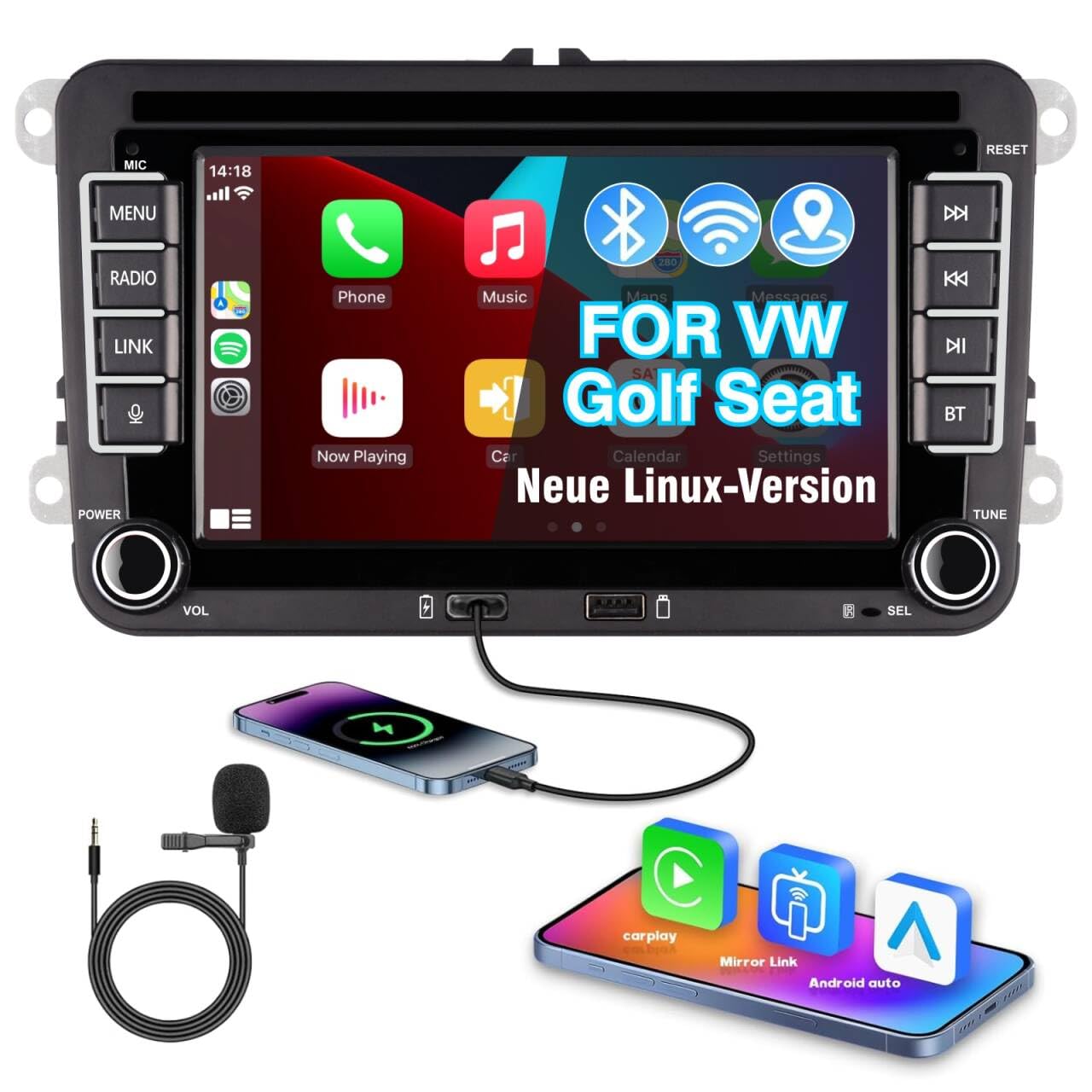 Linux Autoradio Mit Bildschirm für Golf 5 6 VW Polo 6R T5 Passat Touran Seat mit Navi FM/AM, WLAN, Apple Carplay, Android Auto, Lenkrad Strg, DAB AutoTouch Display 7 Zoll