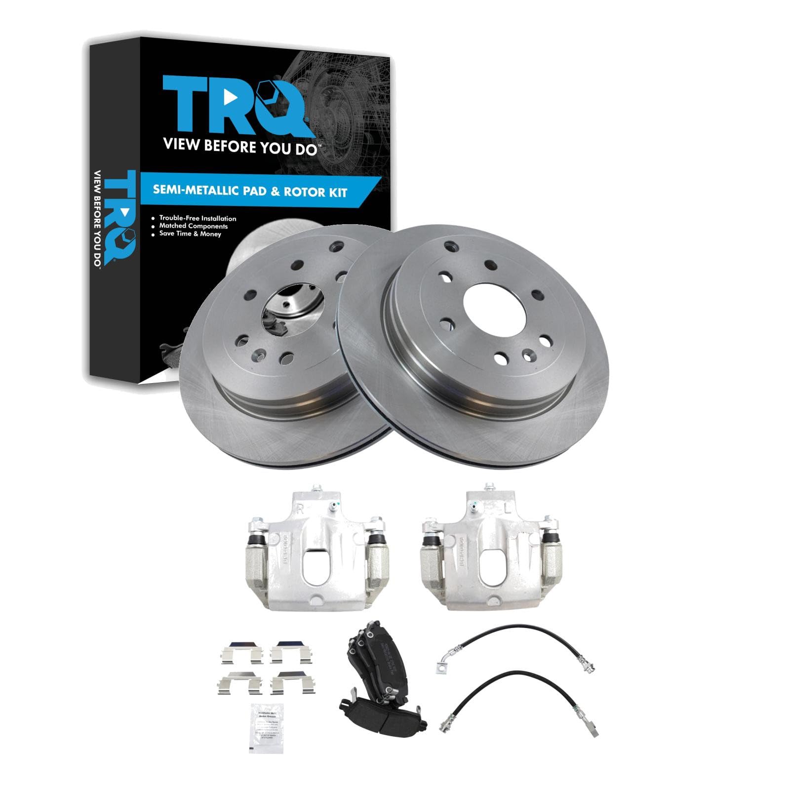 TRQ Rear Brake Pad and Rotor Set Semi Metallic Rotors Calipers Compatible with 2008-2016 Buick Enclave 2009-2017 Chevrolet Traverse 2007-2016 GMC Acadia 2007-2010 Saturn Outlook