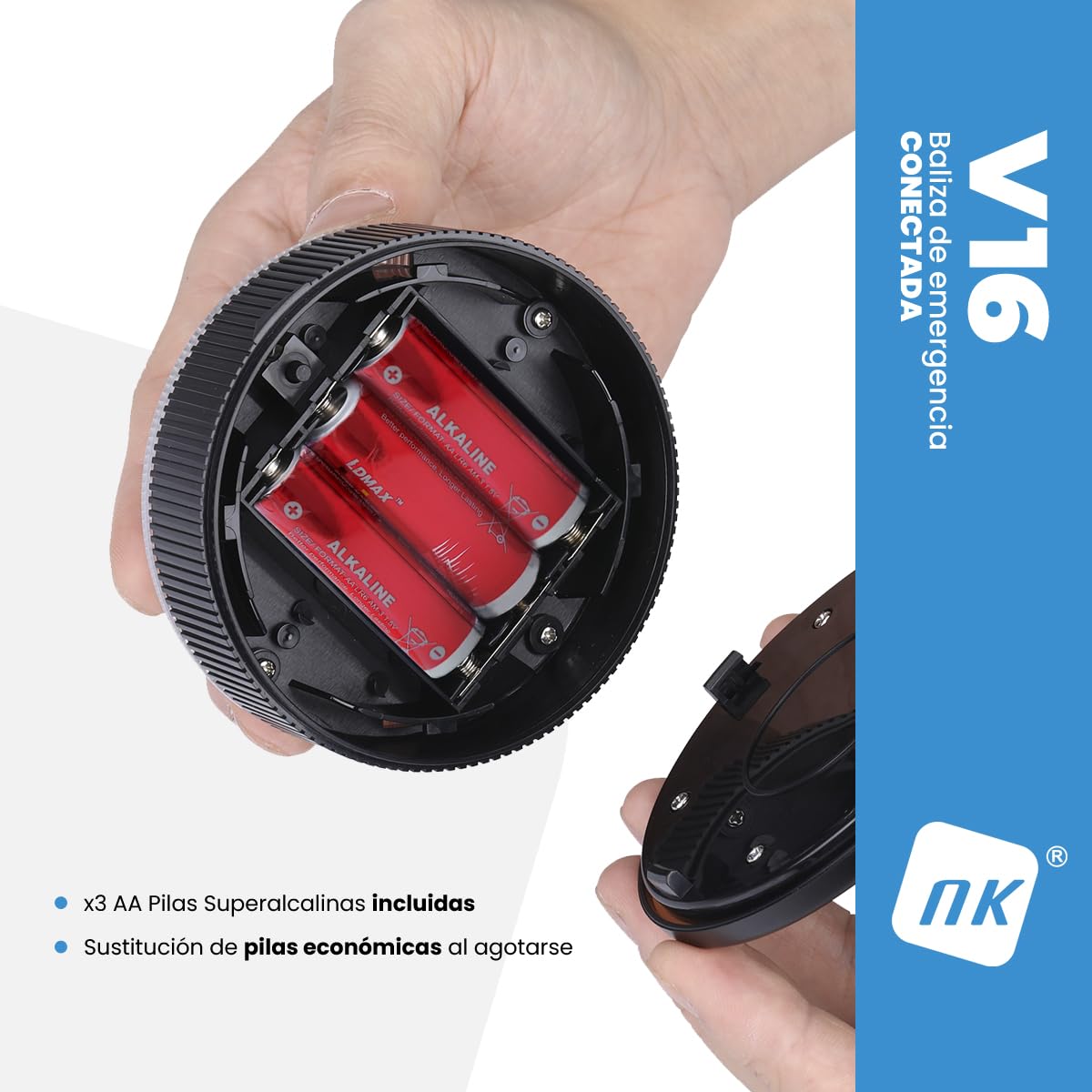 NK Baliza de Emergencia V16 con Geolocalización y Conexión DGT 3.0 – Uso Obligatorio desde Enero 2026, Señal LED Homologada para Coche, Alcance 1km, Resistente al Agua, Datos Incluidos hasta 2038