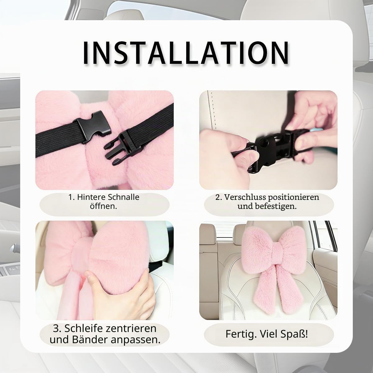 2 Stück Plüschschleife Auto Kopfstütze Nackenkissen Niedliche Schleife Kissen für Autositz Dekor Weiche Nackenstütze für bequemes Fahren Reisen Büro Flauschige Kopfstütze Kissen Rosa