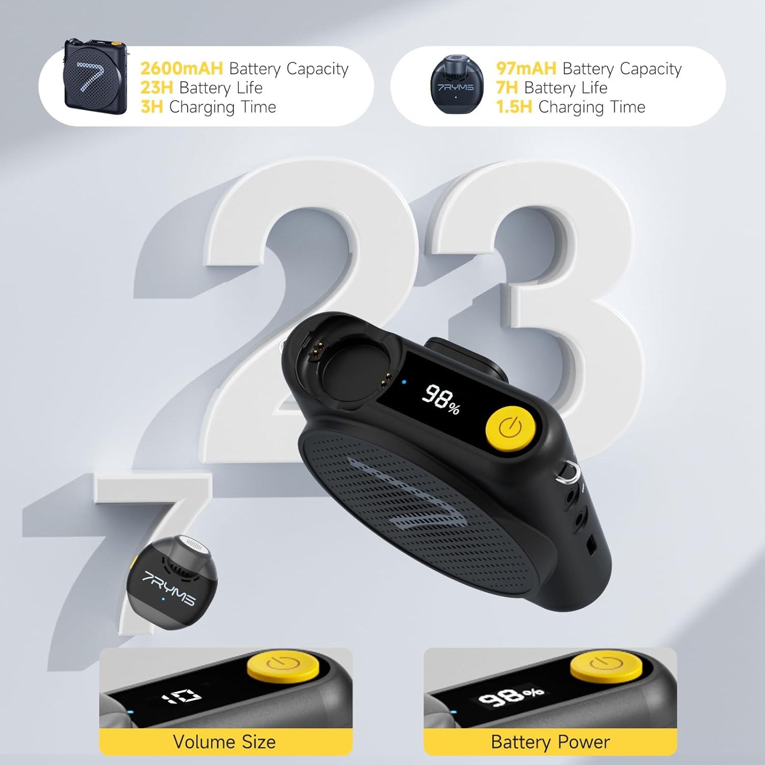 7RYMS WA2 Wireless Voice Amplifier for Teachers with Magnetic Lavalier Mic, Wireless Portable Amplifier with Noise Canceling, Mini Voice Amplifier for Classroom, Meeting, Training, Speech (Black) - Image 6