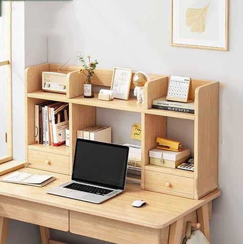 Estantería de escritorio de 2 niveles para escritorio de computadora, organizador de estante de escritorio de madera, con cajones, estantes de