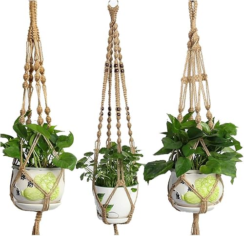 Juego de 3 colgadores de macramé para plantas de cuerda de yute, cesta para colgar en la pared, maceta para interiores y exteriores, soporte para