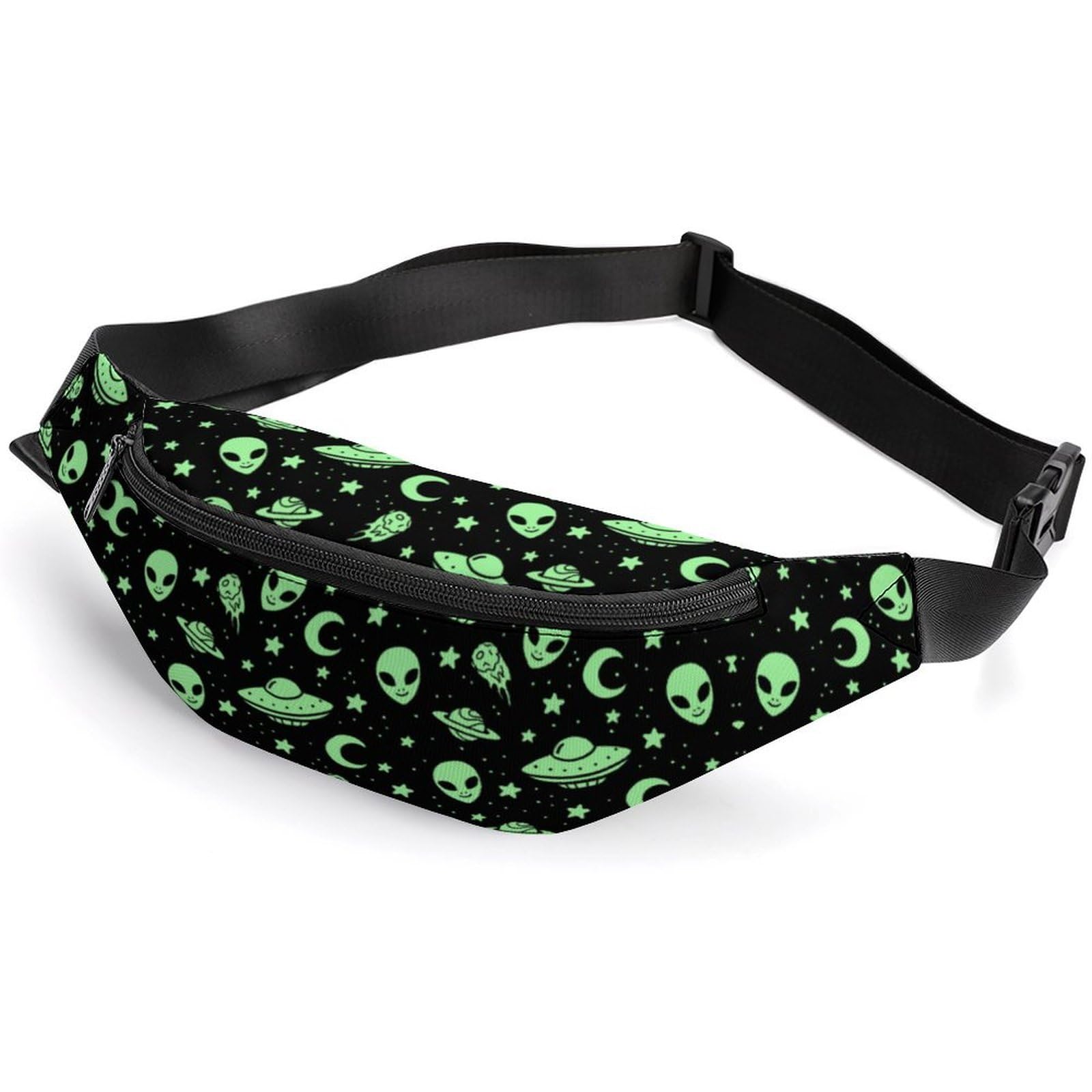 Dyscalibro Waist Bag, Green Alien Moon UFO Bumbag, Adjustable Fanny Pack for Running Walking Hiking