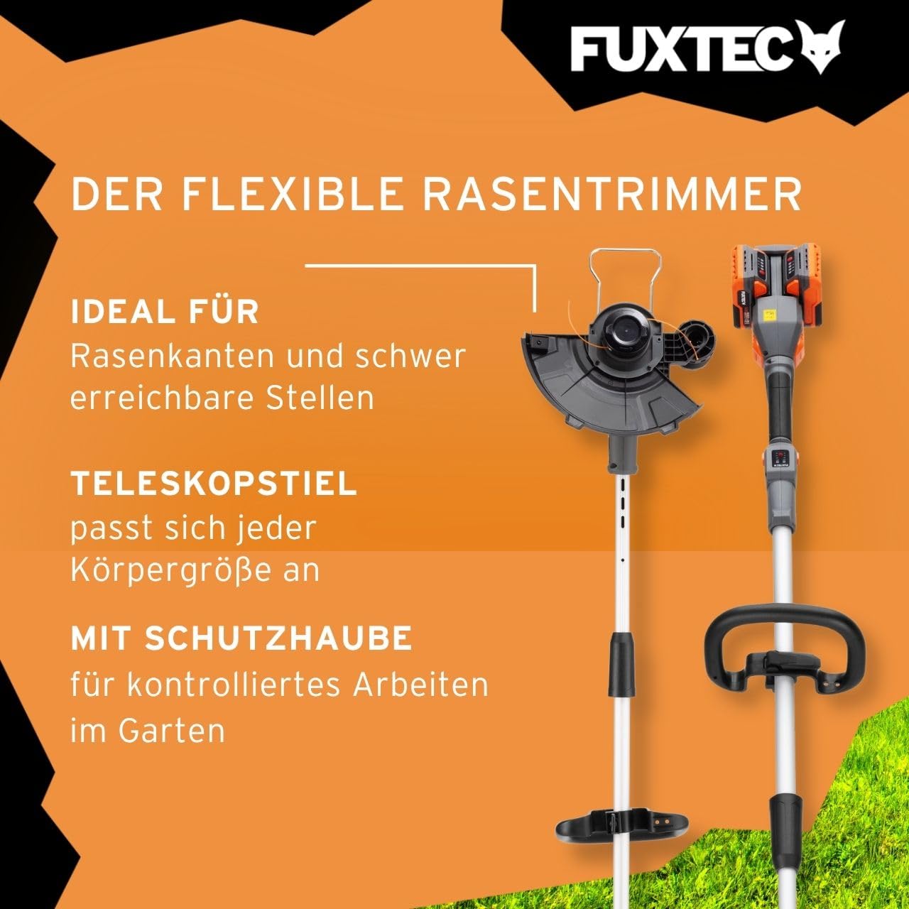 FUXTEC Akku Motorsense FX-E2RTSET • Rasentrimmer mit 2x20V Akku-System • 30 cm Schnittbreite • Teleskopstiel 138,5–173,5 cm • 8000 U/min • Trimmer und Kantenschneider mit Pflanzenschutzbügel