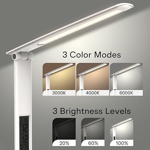 Miniatura 2 de Lámpara de escritorio con recargable, lámpara de mesa portátil inalámbrica, luz de escritorio de oficina regulable con reloj, alarma, fecha,