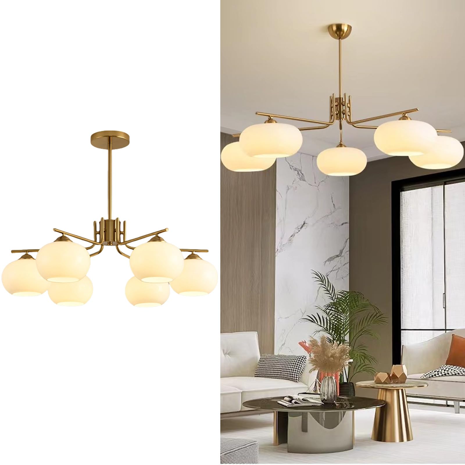 HYJAUSXB Modern Brushed Gold 5-Light Glass Globe Chandelier - Mid Century BrassDining Room Light Fixture, Adjustable Pendant for Kitchen Island, Dining Room, Living RoomGold,6Heads
