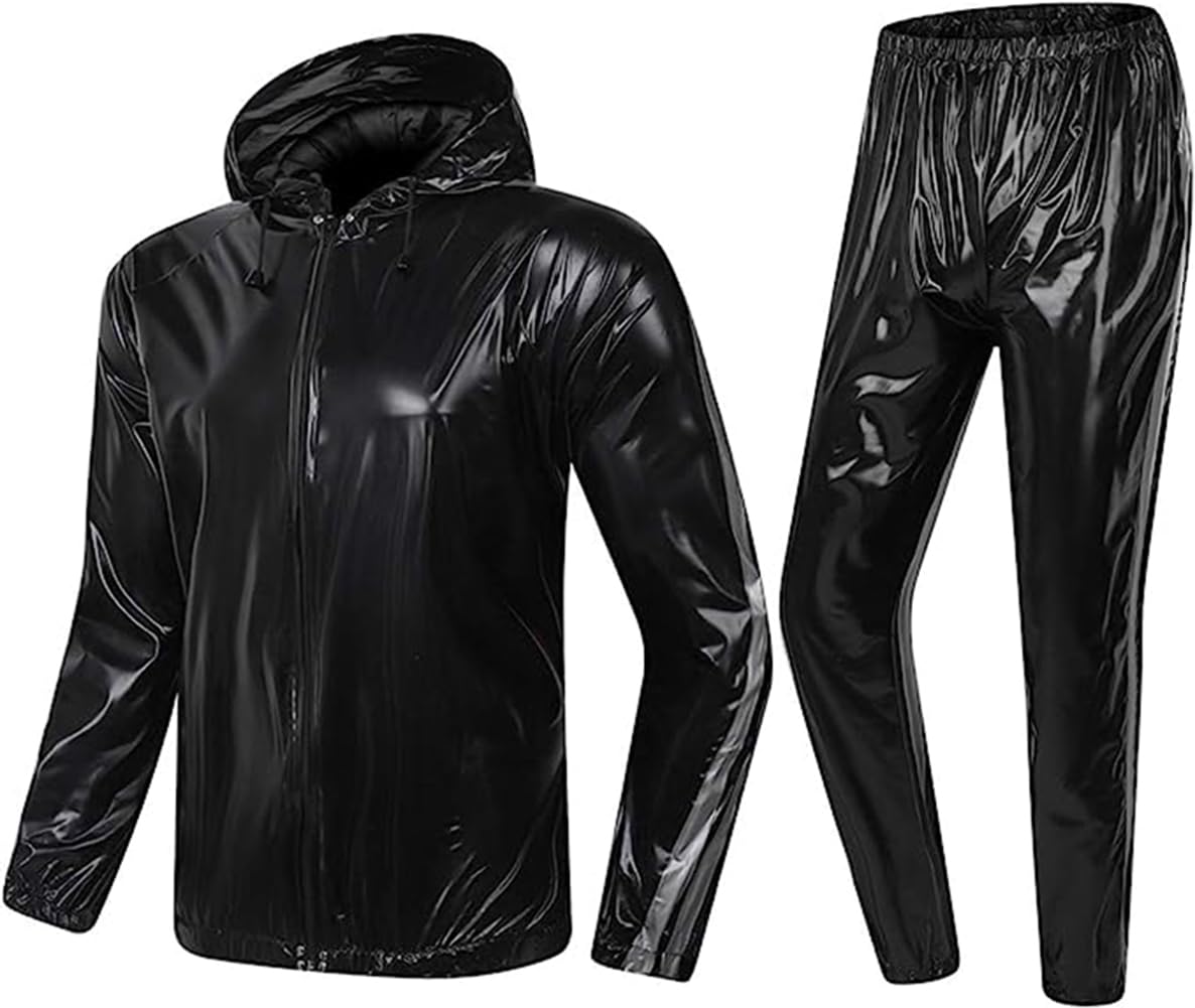 SptShapr Heavy Duty Full-Zip Sauna Suit Fitness Exercise Gym Weight Loss Top Pant with Hood for Men Women Anti-Rip Sweat Suit