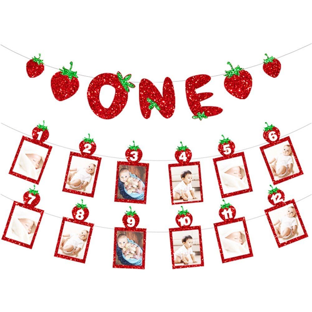 Haowul Strawberry 1st Birthday Photo Banner Baby Fruit Strawberry Birthday Photo Banner for Newborn to 12 Months Milestone Photograph Bunting Garland for Baby First Birthday