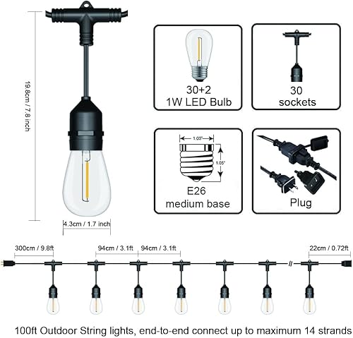 Miniatura 2 de Cadena de luces LED para exteriores de 100 pies de grado comercial resistente con 30 enchufes, 32 bombillas de plástico inastillables, incluye 2