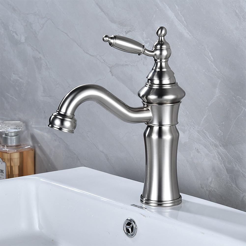 Wasserhahn Bad Waschtischarmatur Retro Antik Stil Messing Einhebel Mischbatterie Waschbecken Armatur, Badarmatur Waschtischbatterie Badezimmer, Gebürstetes