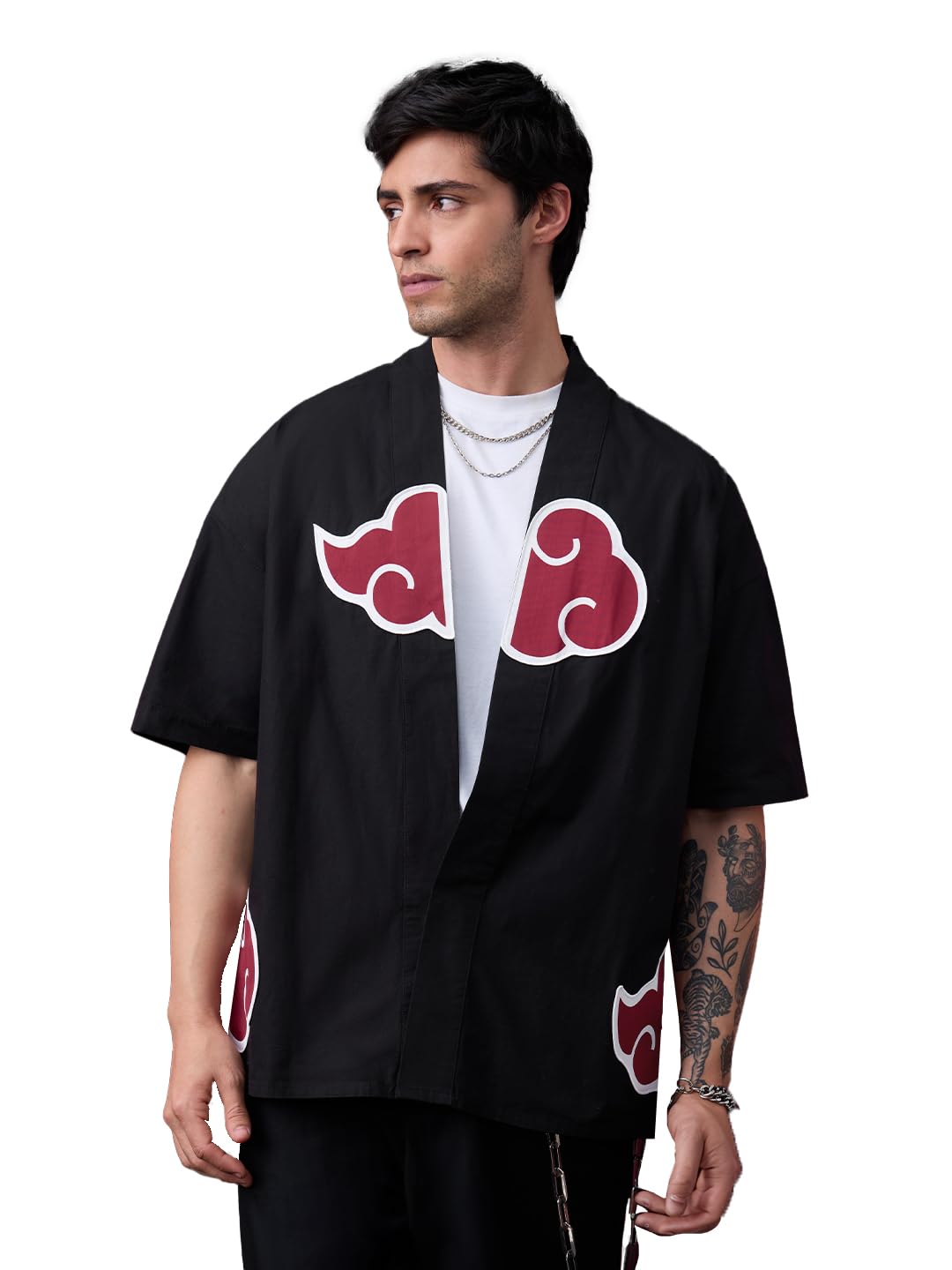 Naruto: Akatsuki Kimono Men and Boys Short Sleeve Spread Collar Black Embellished Anime Inspired Drop Shoulder Streetwear Casual Cotton Oversized Shirt-image-49
