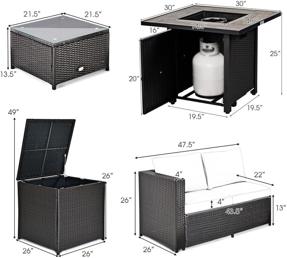 5 PCS Patio Rattan Furniture Set 30" Fire Pit Table W/Cover Cushion Beige