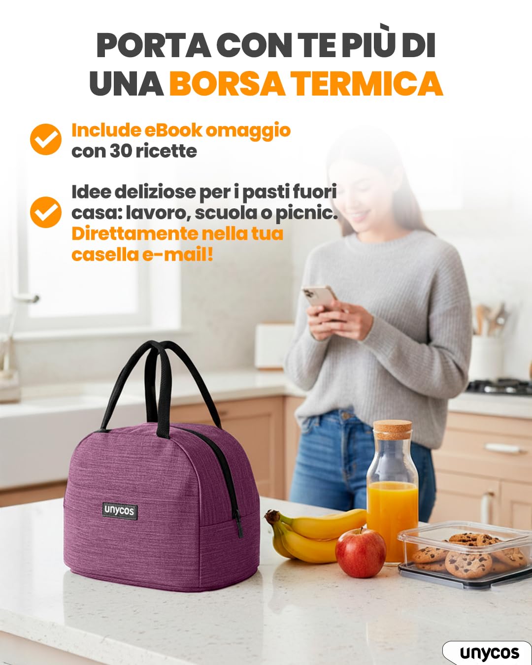unycos - Borsa Termica 7L Manutenzione di Freddo e Caldo per Uomo/Donna/Bambino, Borsa Frigo Impermeabile Interno in Alluminio, Facile da Pulire, Lunch Box Leggera e Portatile (Viola)