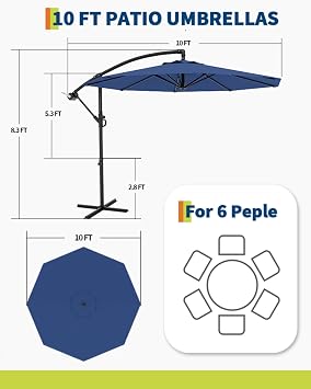 10FT Cantilever Patio Umbrella with Cross Base, Outdoor Offset Market Umbrella with 360-degree Rotation and Infinite Tilt, Outside Umbrellas for Backyard Lawn Garden and Pool (Navy Blue)