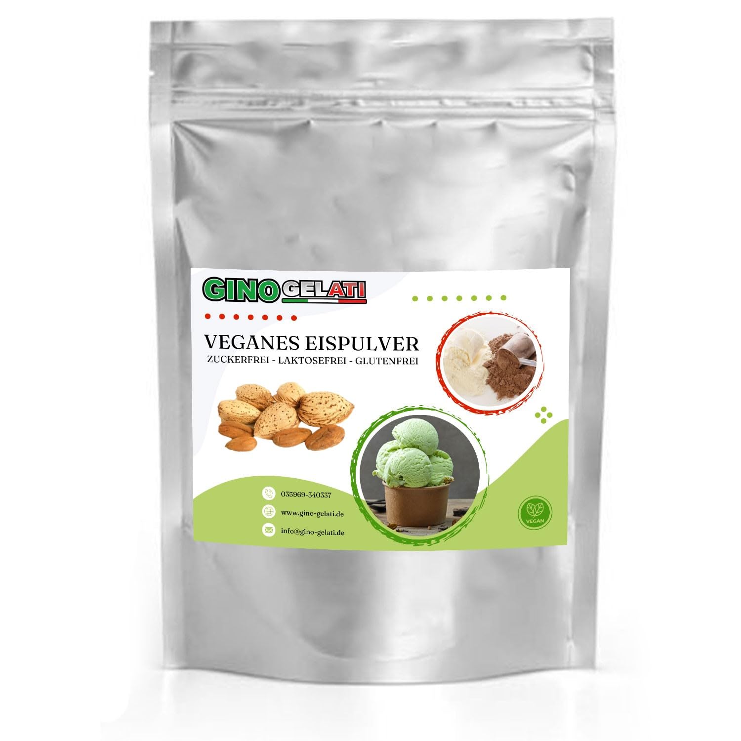 Gino Gelati Nuss Veganes Eis Pulver Zucker-, laktosefrei, verschiede Geschmäcker, schnelle und einfache Zubereitung, Herstellung mit oder ohne Eismaschine (10 Kg, Mandel)