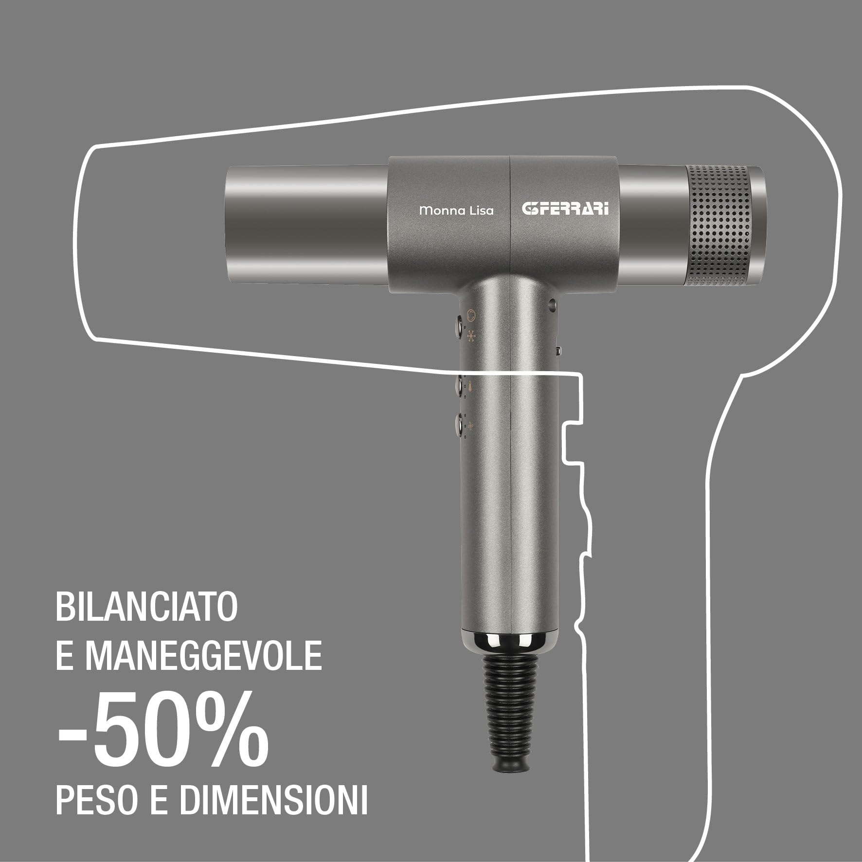 G3 Ferrari G30061 Monna Lisa Asciugacapelli Brushless Professionale, Motore BLDC, 2000 W, 3 Velocità, Funzione Ionic Oxy-active, 110.000 RPM, Diffusore, Concentratore e 2 Coni Wave Design