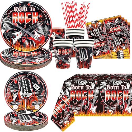 Suministros de fiesta de rock and roll, incluyendo plato, servilletas, mantel, popotes, para decoraciones de fiesta temática de música rock, sirve para 20 invitados