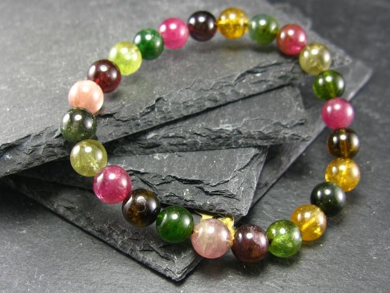 LKBEADS Natural Watermelon Bicolor Tourmaline 8mm rondelle smooth 7inch Semi-Precious Gemstones Beaded Bracelets for Men Women Healing Crystal Stretch Beaded Bracelet Unisex