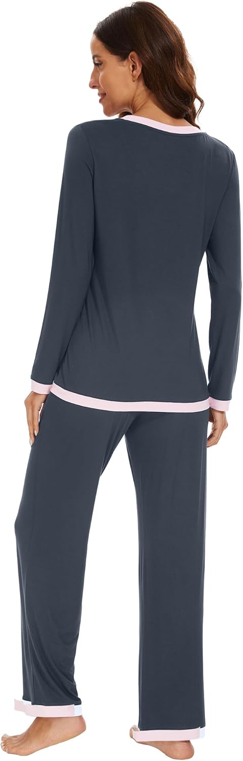 WiWi Women's Pajama Sets Soft Long Sleeves Top with Pants Cooling PJ 2 Piece Viscose from Bamboo Loungewear Set S-XXL