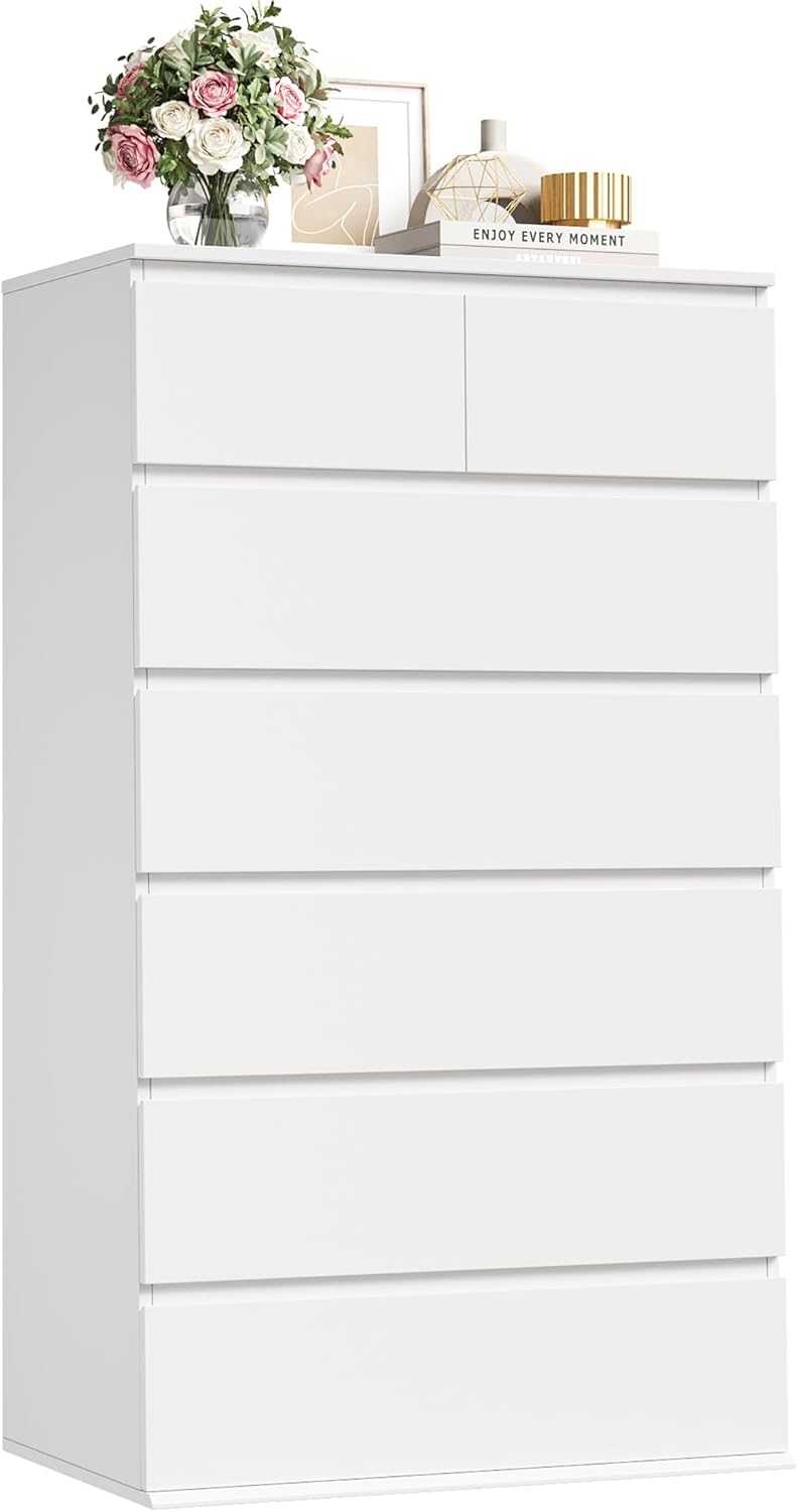 FOTOSOK 7 Drawer Dresser, White Dresser Tall Dresser, 23.6W x 15.7D x 46.7H in White Chest of Drawers with Large Storage Space for Home