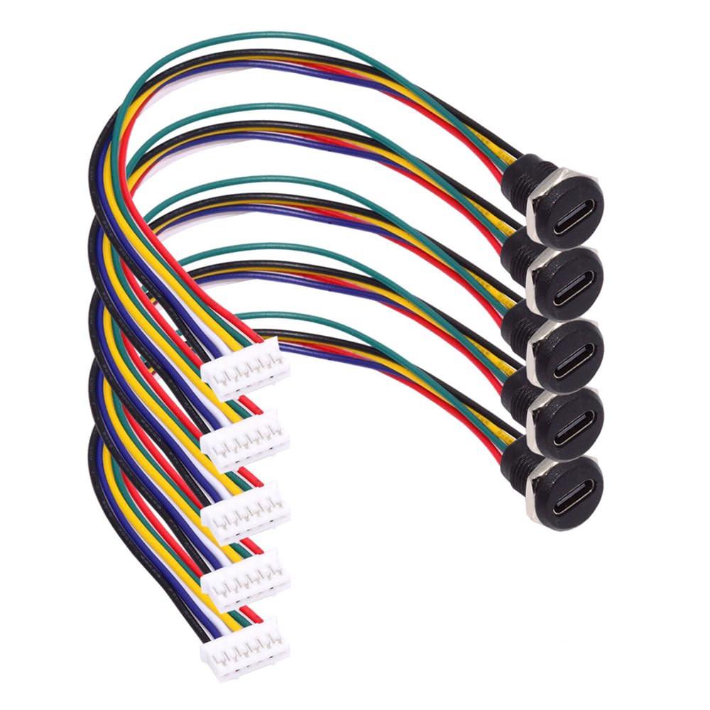 NFHK 5pcs/Set DIY OEM Type C Female Socket to 6Pin Header Cable Pitch=2.0mm Panel Mount DC 5V/20V PD Power