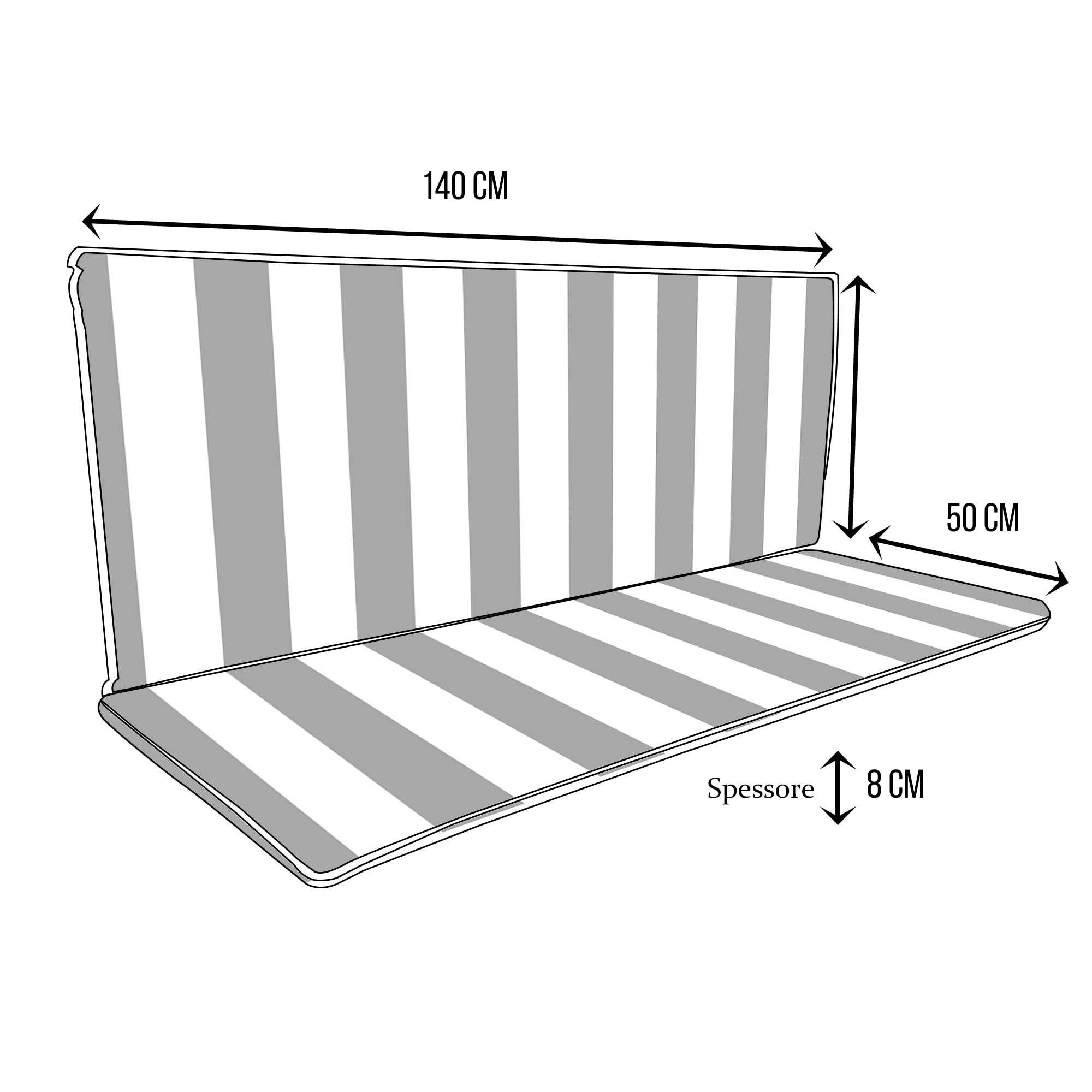 Il Tuo Artigiano Design Cuscino fasciato per dondolo da giardino 2, 3 e 4 posti spessore 8 cm (3 posti, 140x50 cm, Bianco e Verde)