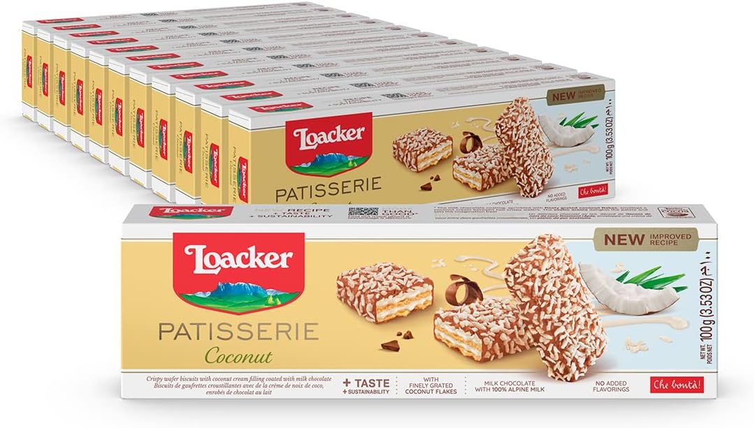 Patisserie Coconut - Premium Bite Size Milk Chocolate Covered Crispy Wafer Cookies with Coconut Cream Filling and aromatic coconut flakes - Pack of 12