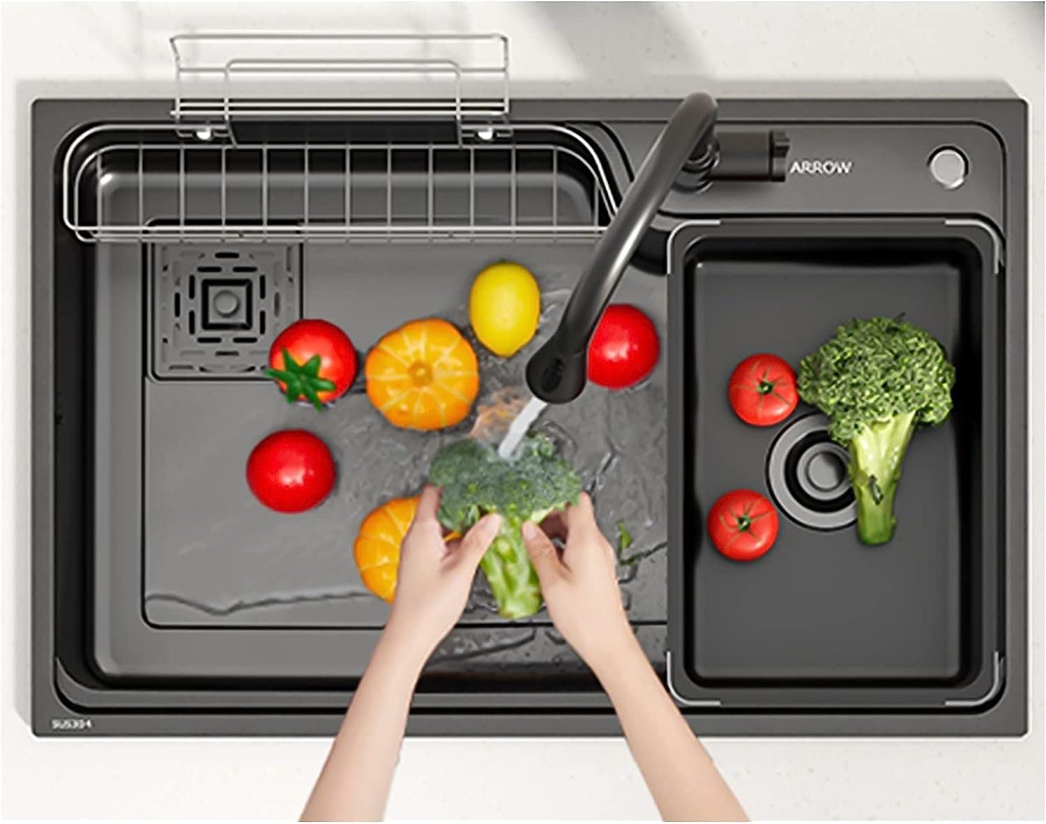 Fregadero de Barra de Cocina Negro Grande con Grifo extraíble, escurridor y Kits de instalación, Fregadero de Cocina de un Solo tazón de Acero Inoxidable 304 Grueso con nanorrevestimiento (t