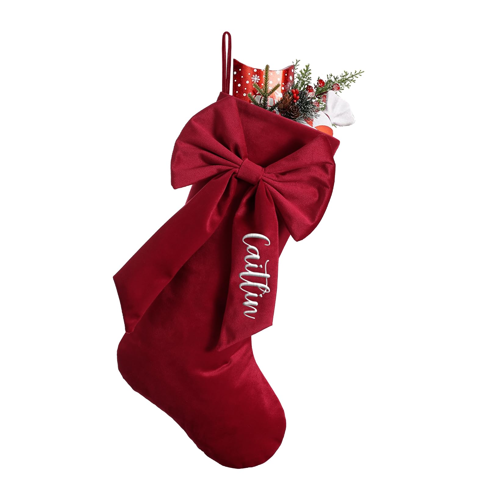 Personalized Christmas Velvet Stockings 1 Pack Custom Stockings with Embroidered Name 18” Large Customized Stockings for Fireplace Hanging Decoration,Knitted Xmas Stocking for Family Kids Red