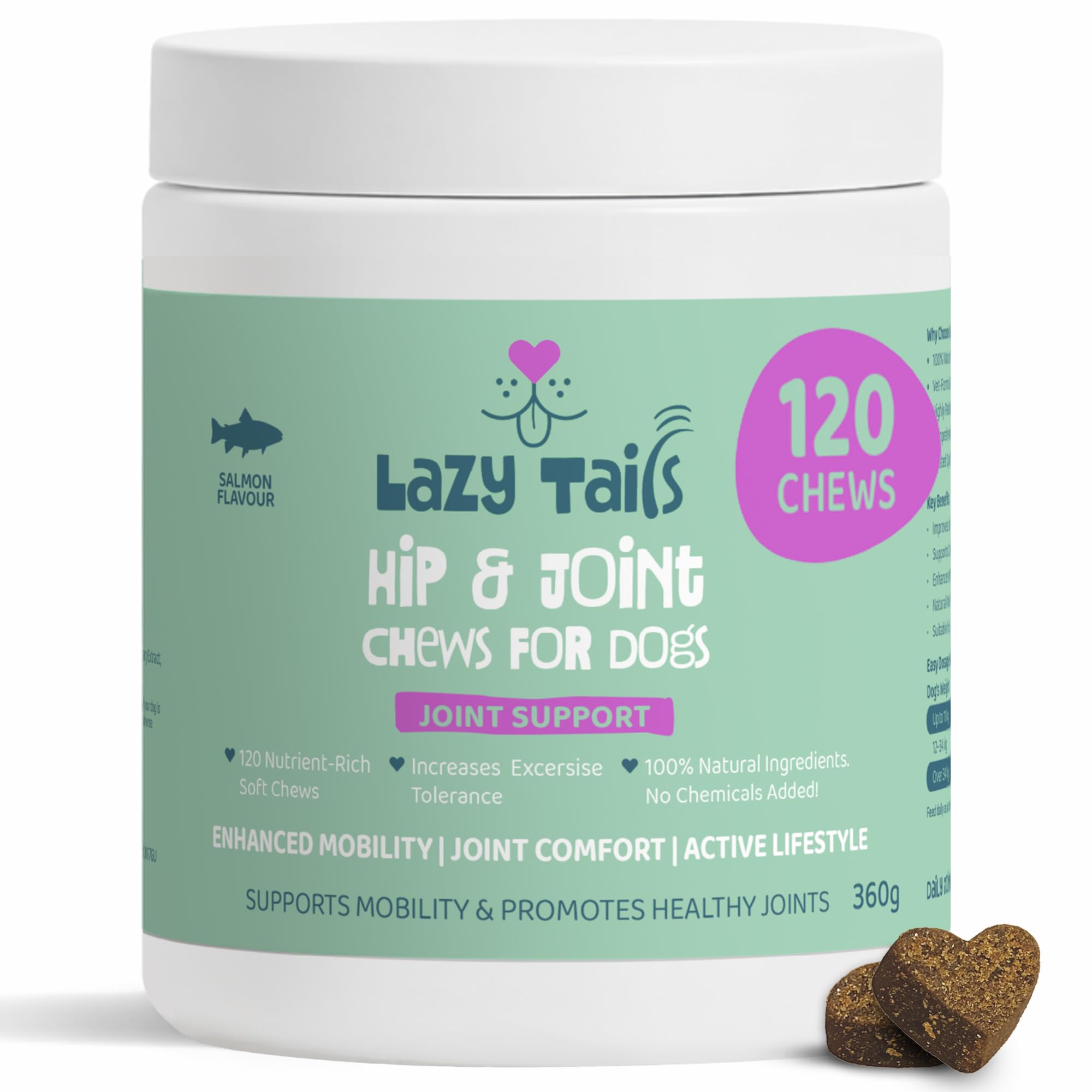 LAZY TAILS Hip and Joint Supplements for Dogs – 120 Soft Dog Chews – Natural Salmon Flavor Hip and Joint Chews for Dogs - Dog Treats for All Breeds & Sizes