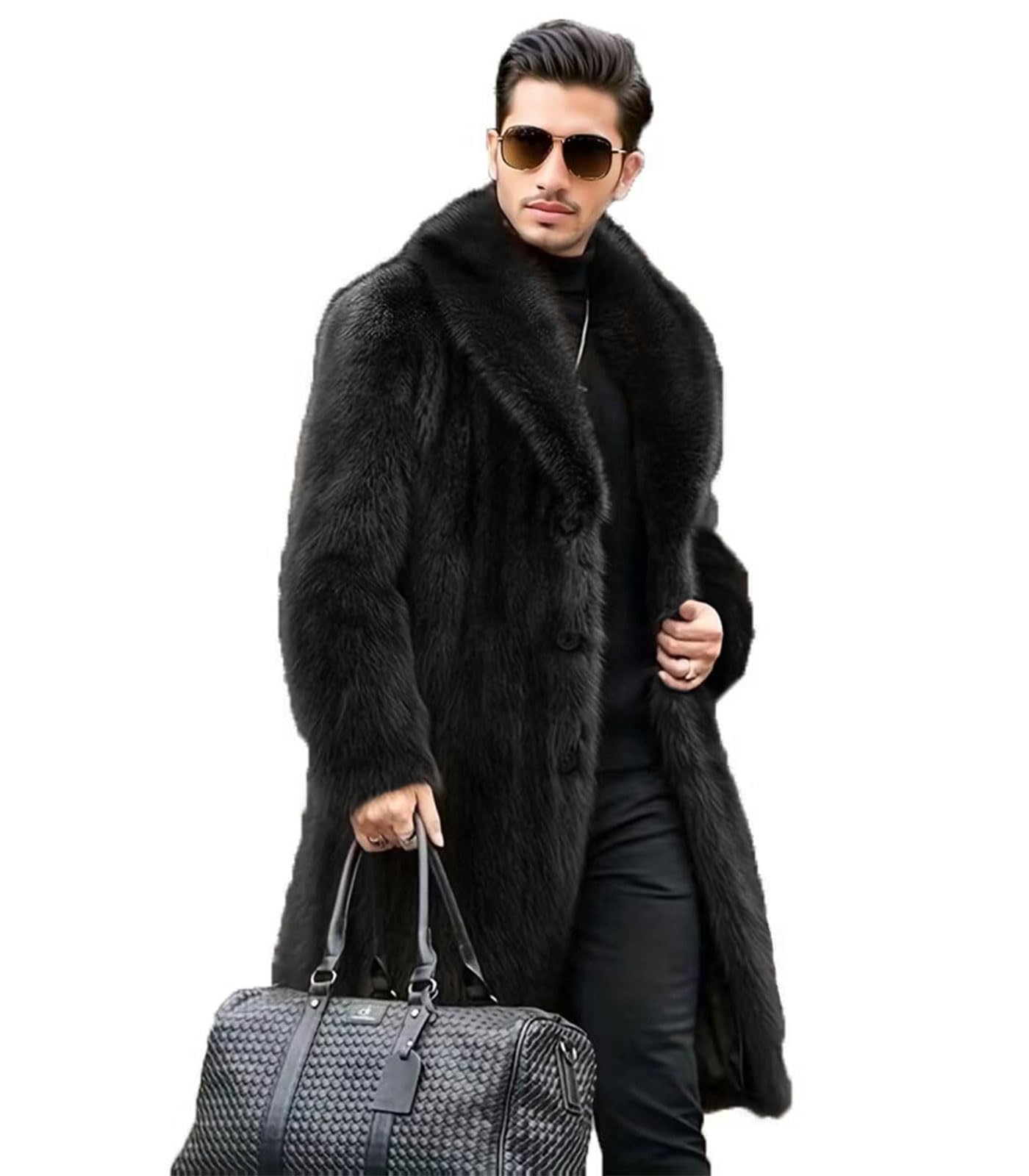 FTIMILD Men's Long Faux Fur Coat Single Breasted Warm Winter Trench Coat Fluffy Thick Overcoat