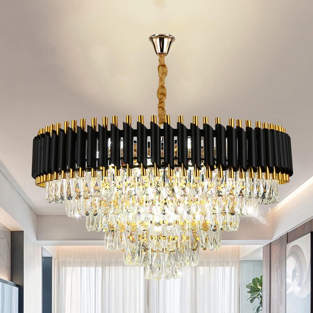 Crystal Chandelier, 32 inch Modern Ceiling Lights Flush Mount Black Pendant Light Fixture for Bedroom Living Room Dining Indoor Lighting,Hanging Lamp Close to Ceiling Light,Included Bulb