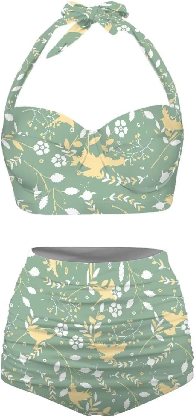 Suobstales Bikini Set for Women High Waisted Tummy Control Halter Top with Bottom, Two Piece Ruched Push Up Bathing Suit