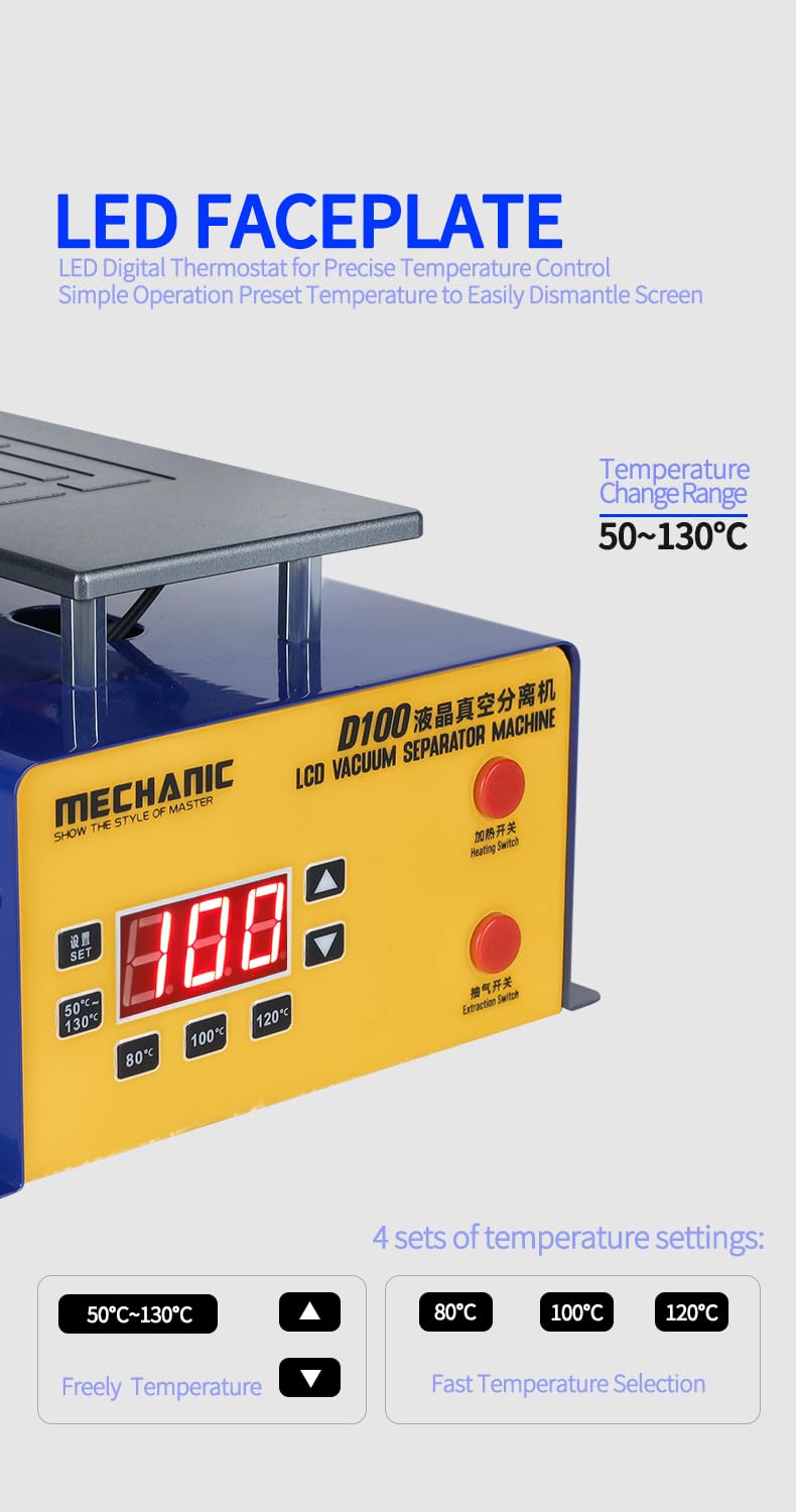 Separador de Pantallas LCD Mechanic D100 D200 con Potente Succión para Precalentamiento y Reparación/Remoción de Pantallas Táctiles de Teléfonos Móviles(D100)