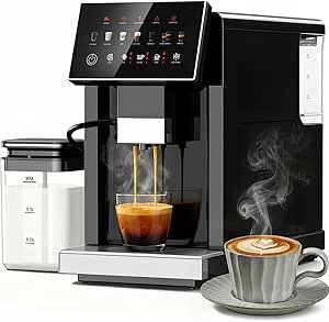 Fully Automatic Espresso Machine with Grinder & Auto Milk Frother, Smart Alarm, Coffee Machine with Intuitive Touchscreen & Auto-Clean Function, Ideal for Latte, Cappuccino, Americano