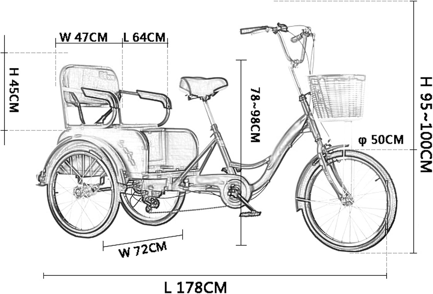 Adult Tricycle 6 Speed Three Wheel Cruiser Bike High Carbon Steel Frame Adult Bicycle with Rear Seat and Shopping Basket Traditional Design for Seniors