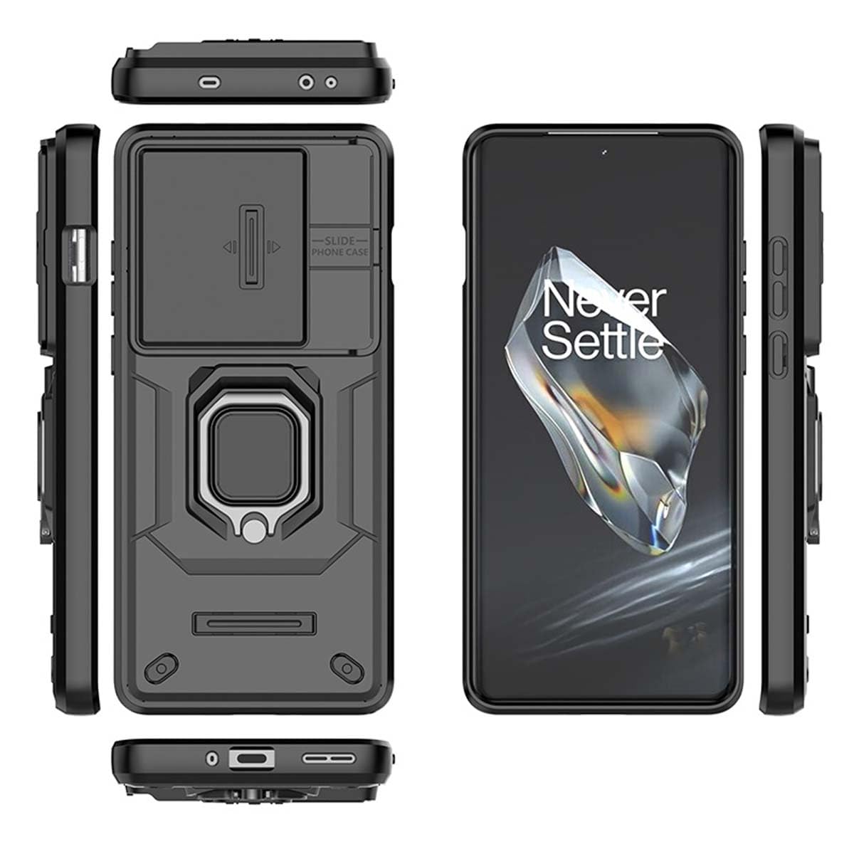 GOKEN Cover per OnePlus 12, Armor Custodia in Silicone Morbido e PC Rigido Antiurto, con Anello Rotante 360° e Protezione Scivolo per Lente, Case - Nero