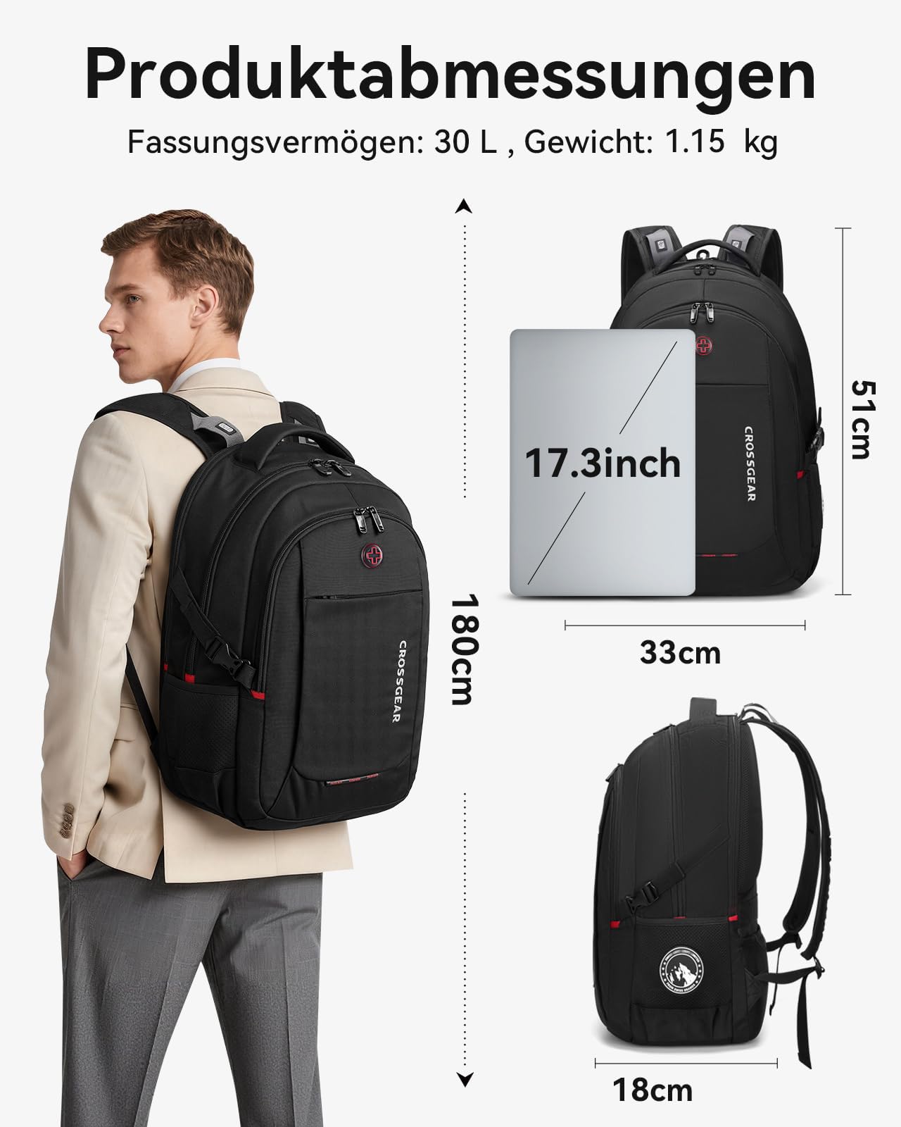 CROSSGEAR 17,3 Zoll Rucksack Herren mit Entlastenden Schultergurten, 30l Laptop Rucksack, Wasserdichter Laptoptasche mit YKK-Reißverschlüssen für Arbeit, Business, Reisen and Schule, Schwarz