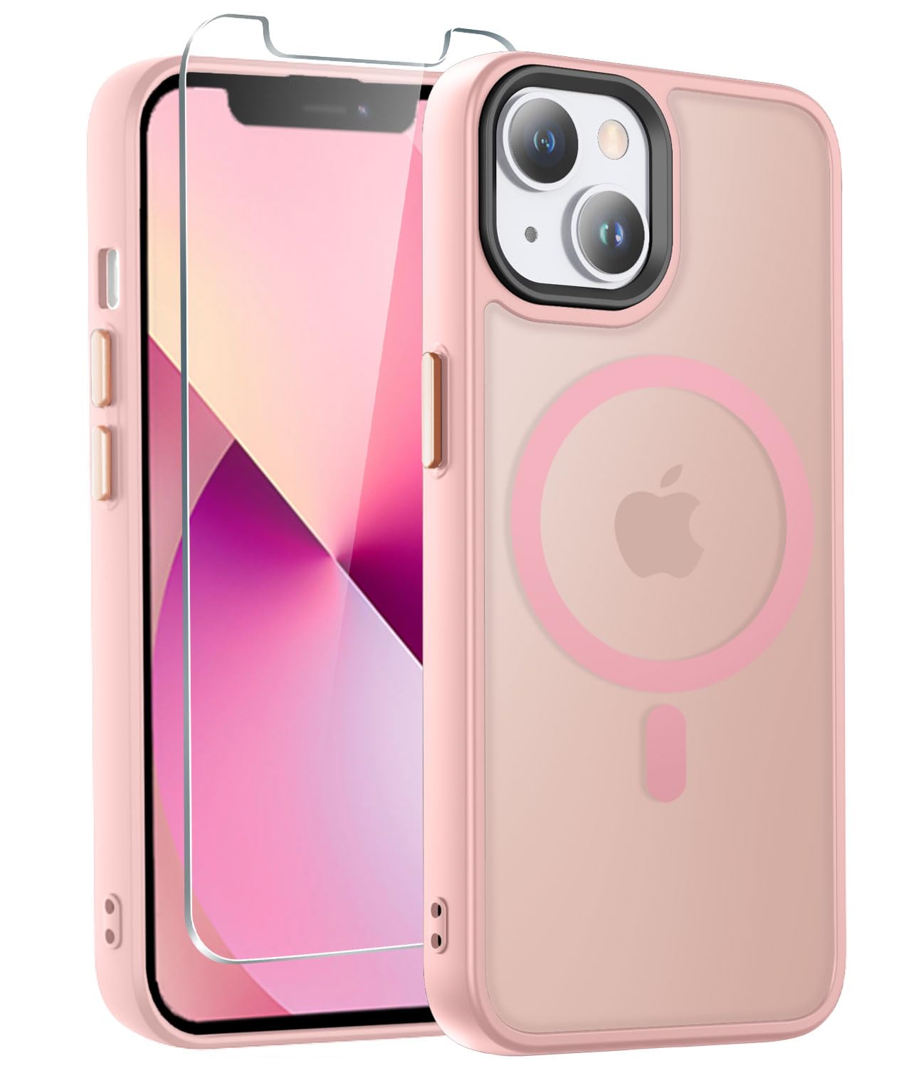 DEERLAMN Strong Magnetic Case for iPhone 13 6.1-Inch,Translucent Matte Slim Case with Screen Protector [Military-Grade Protection] Shockproof Phone Cover Women Men-Pink