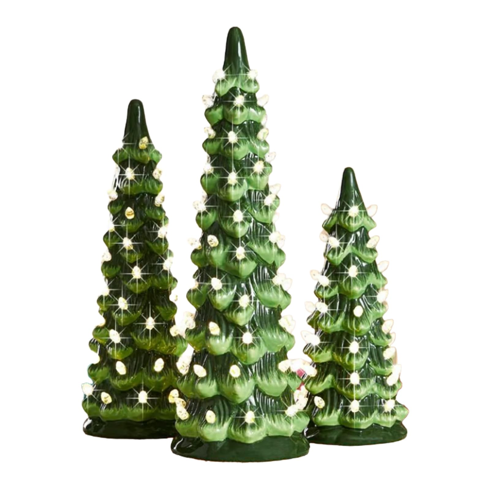 Zestaw 3 małych choinek ze światłami, retro ręcznie malowane choinki stołowe, ceramiczne drzewa, dekoracja świąteczna, wielokolorowe żarówki LED światła do domu impreza festiwal ozdoba