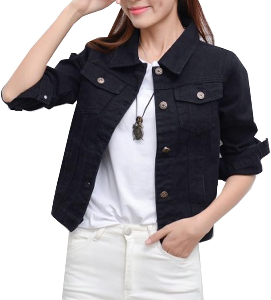 ZhengYuan Women's Long Sleeved Short Denim Jacket (Large, Black)