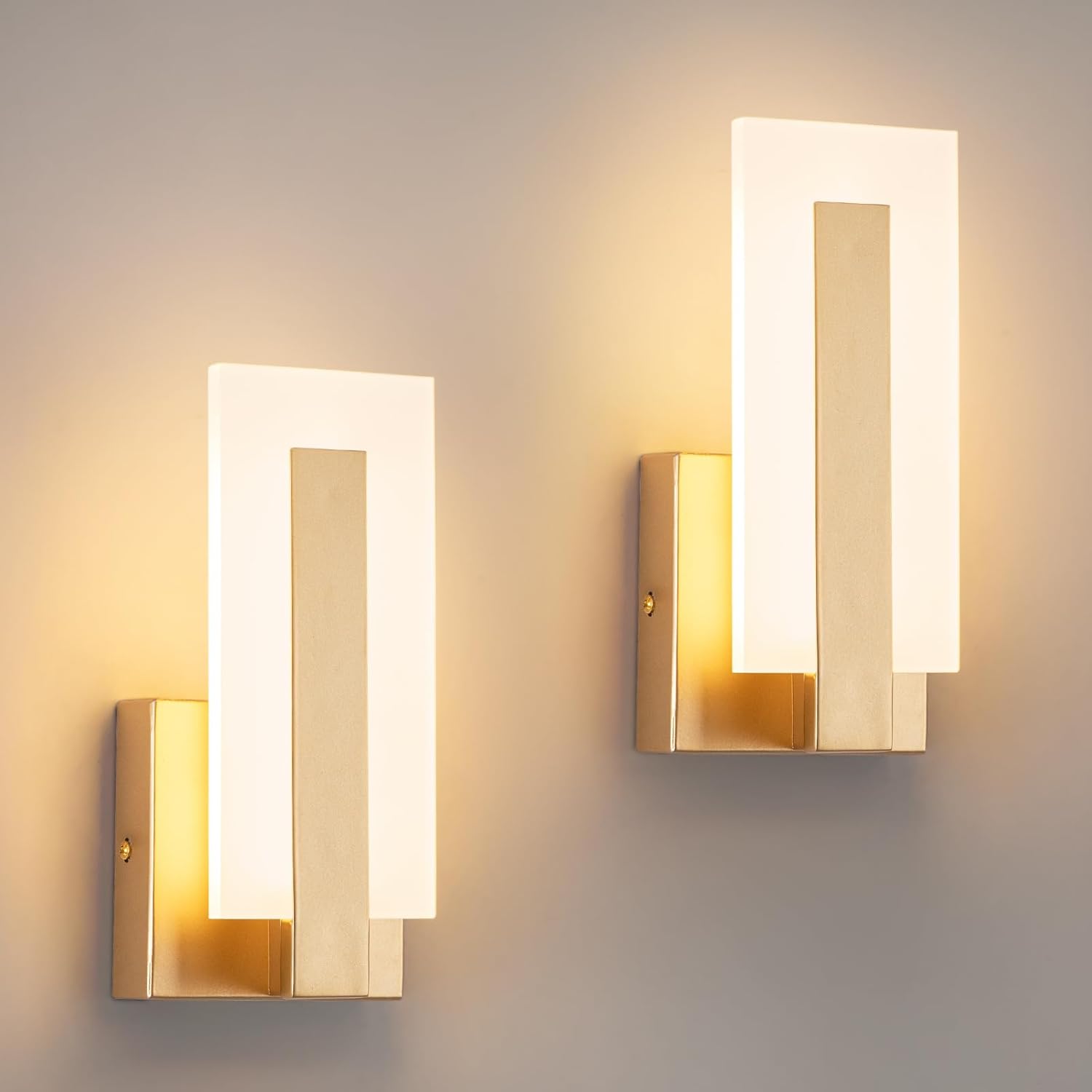 Modern Wall Sconces Set of 2, 3000K Warm White Wall Sconce, Acrylic Gold Wall Lamp, Hardwired Wall Mount Lighting Fixture for Hallway, Bedroom, Study, Living Room Indoor Wall Light