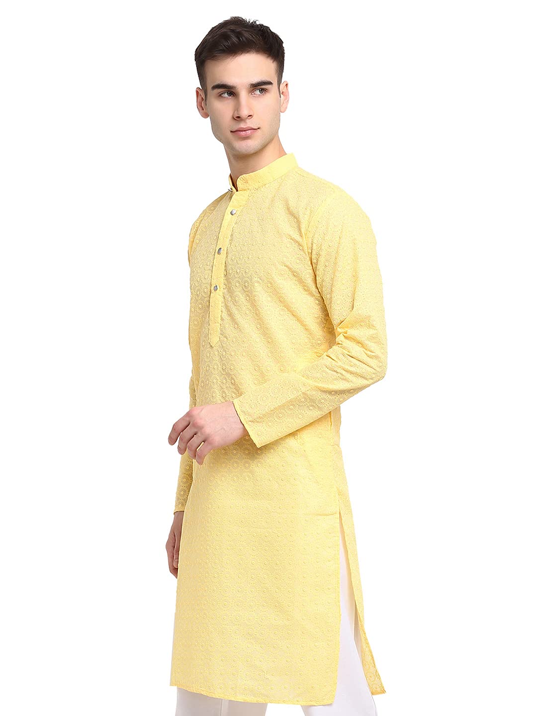 Jompers Men Yellow & White Self Design Kurta (Yellow, S)
